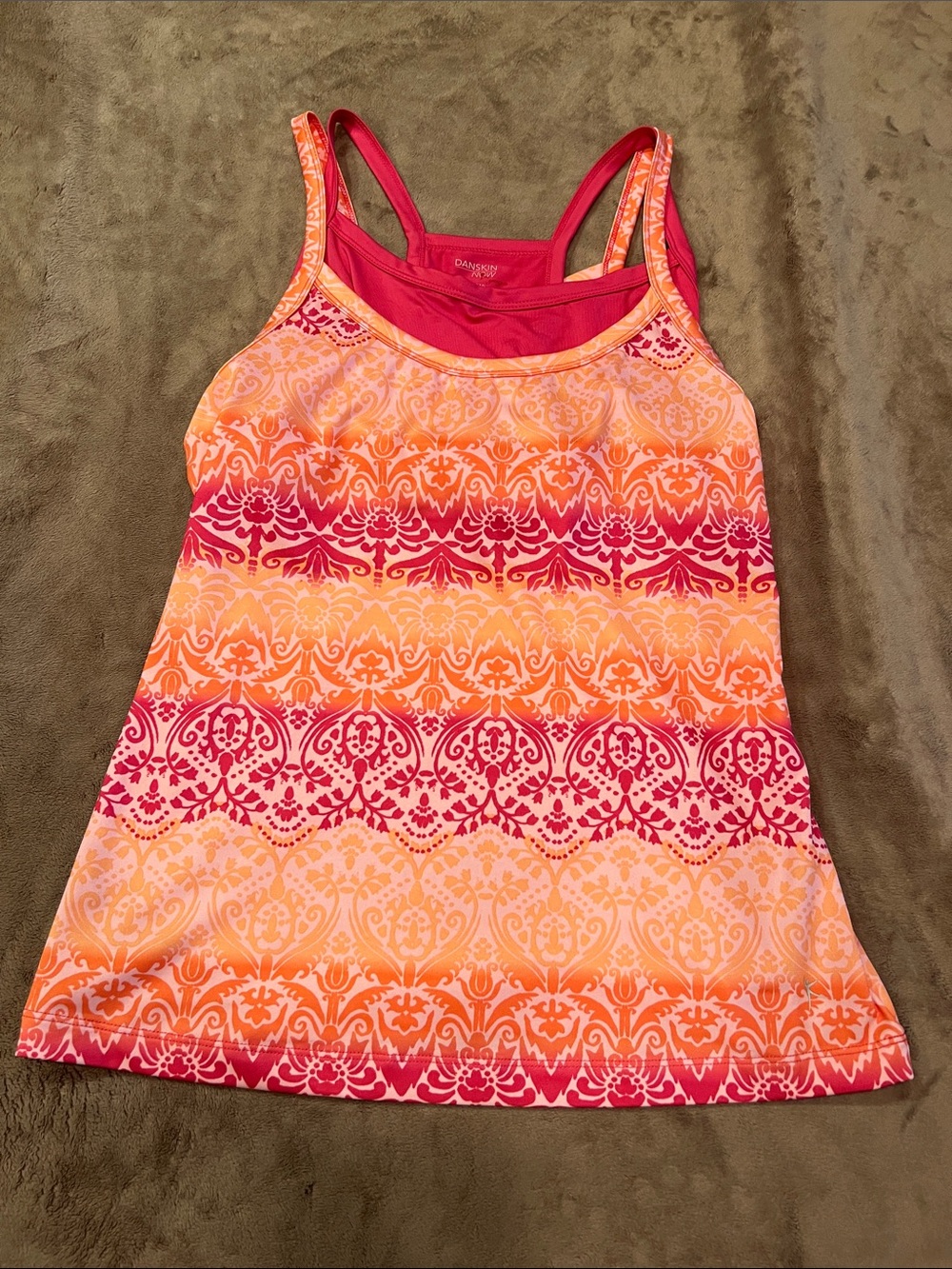 Danskin Pink and Orange Patterned Tank with Built-in Shelf Bra